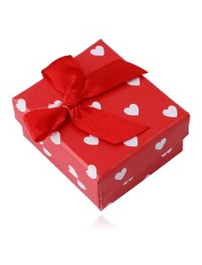 Ekszer Eshop - Piros ajándékdoboz fülbevalóhoz – fehér szívek, piros masni Y50.11
