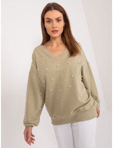 FANCY Khaki színű oversize pulóver nyakkivágással és applikációkkal FA-BL-9369.73-khaki