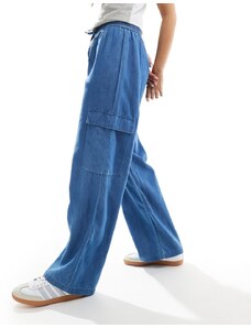ONLY Marla wide leg denim cargo trousers in mid blue
