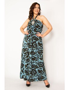 Şans Women's Plus Size Colorful Chest Stone Detailed Halterneck Strapless Dress