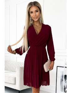 NUMOCO 313-15 ISABELLE Pleated dress with neckline and long sleeve - Burgundy color