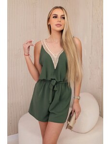 Kesi Włoski Women's short jumpsuit with decorative lace - khaki