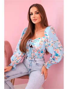 Kesi Włoski Women's floral Spanish blouse, long sleeve blue