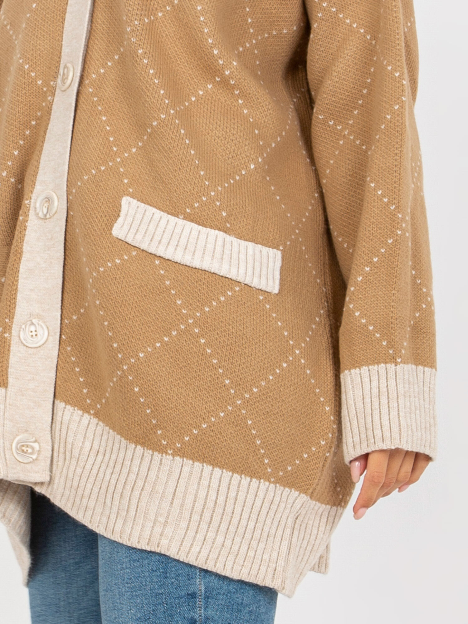 RUE PARIS Bézs színű, laza, gombos pulóver szegéllyel -LC-SW-0258.03P-camel