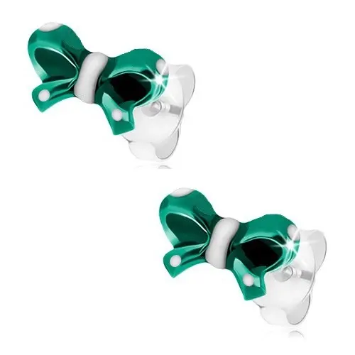 Ekszer Eshop - 925 ezüst fülbevaló, fényes masni, fénymáz sötétzöld és fehér színben I23.8