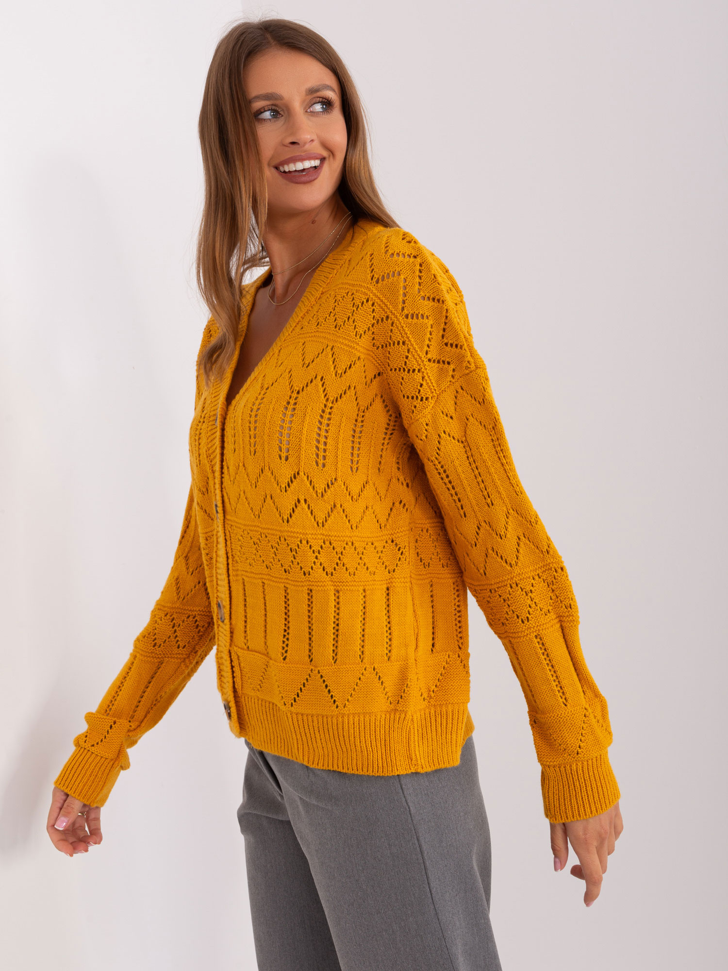 BASIC Mustárszínű gombos pulóver BA-SW-8022-1.80P-dark yellow