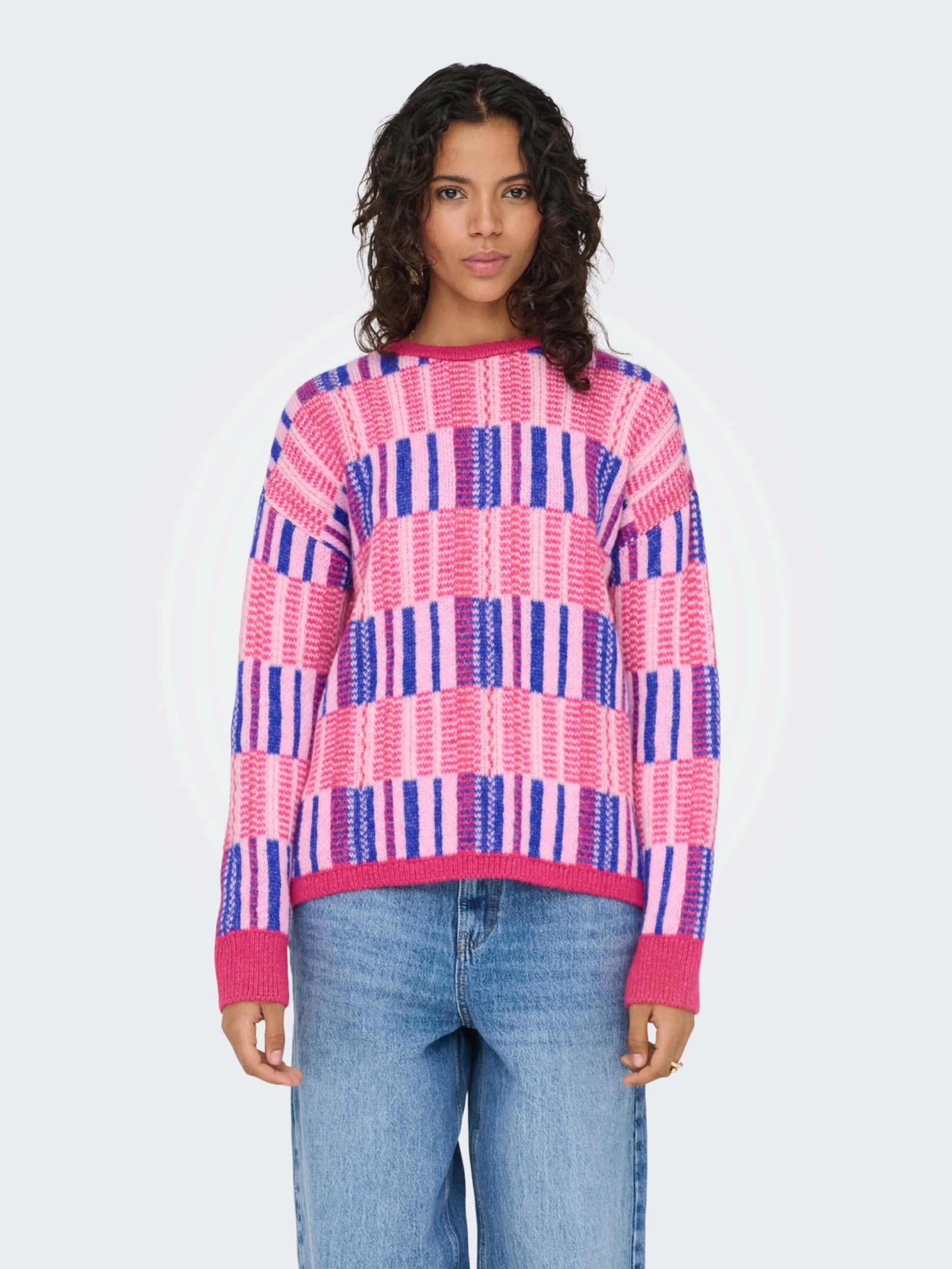 ONLY Pulóver 'ONLIRIS' királykék / rózsaszín / világos-rózsaszín