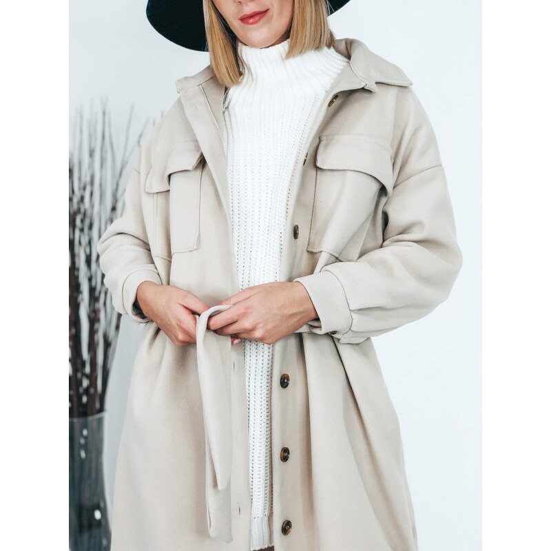 Webmoda Hosszú női bézs kabát övvel