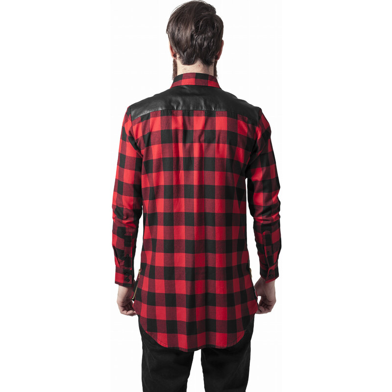 Férfi ing // Urban classics Side Zip Leather Shoulder Flanell Shirt blk/red