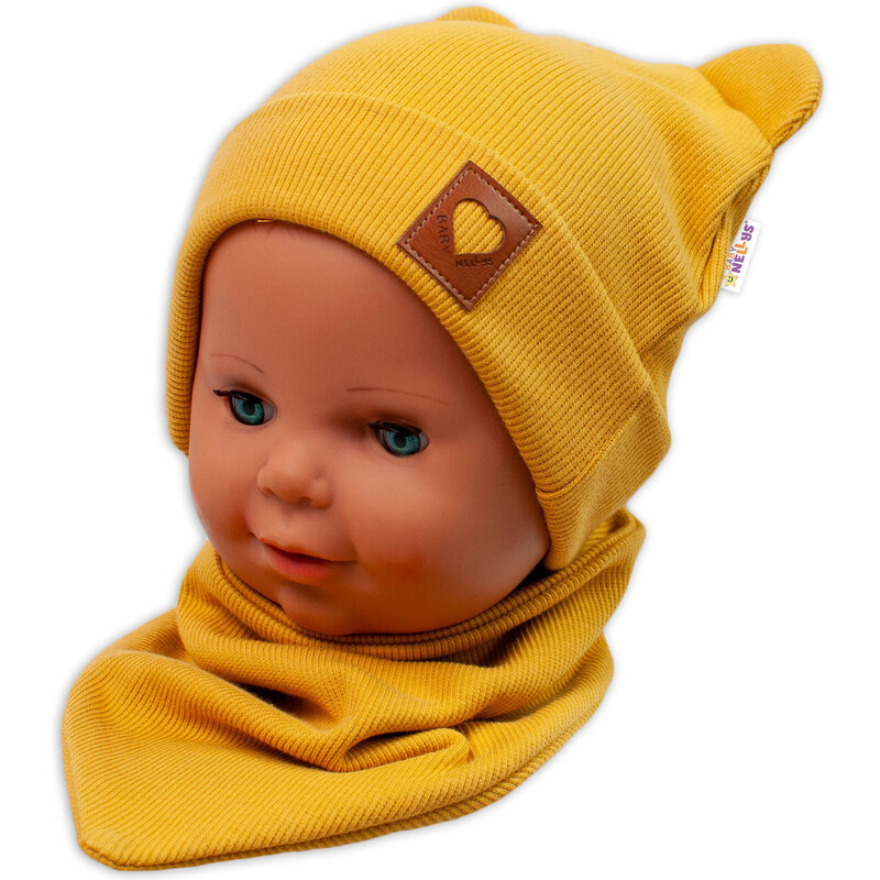 Baby Nellys Bordázott kétrétegű kalappal fogantyúk + TEDDY sál - mustár