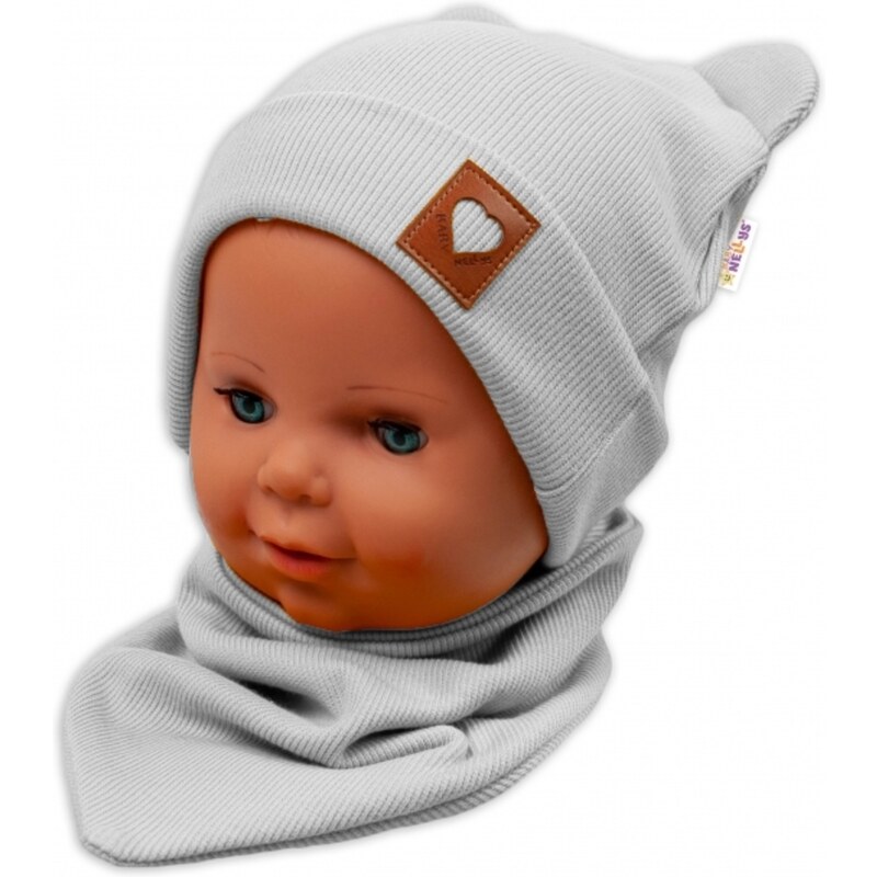 Baby Nellys Bordázott kétrétegű kalappal fogantyúk + TEDDY sál - szürke