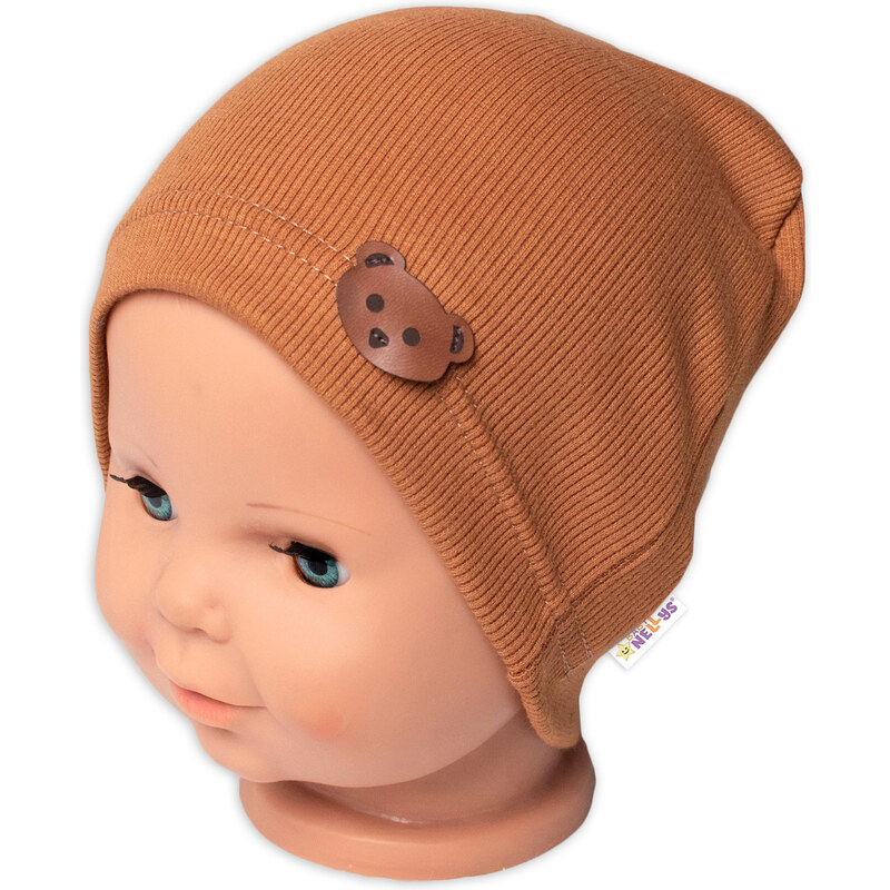 Baby Nellys Teddy medve bordázott kalap - barna