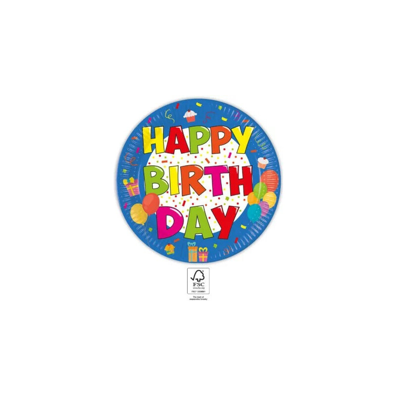 Boldog Születésnapot Kokliko Happy Birthday papírtányér 8 db-os 23 cm FSC