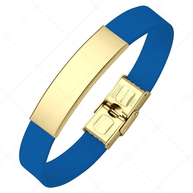 BALCANO - Kék színű bőr karkötő, gravírozható, téglalap alakú 18K arany bevonatú nemesacél fejrésszel