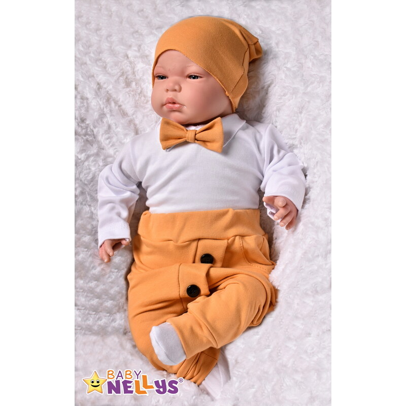 Baby Nellys 3-dílná készlet Hubert, testet íj nyakkendő hosszú ujjú, nadrág és sapka - mustár