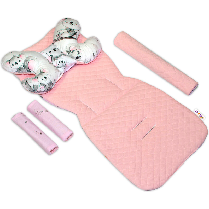 Baby nellys kétoldalas 5 darabos komplett bársony babakocsi szett - teddy maci, koala, rózsaszín