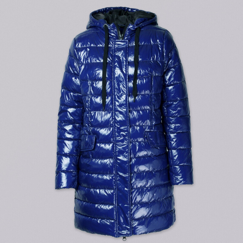 Női hosszú steppelt kabát kék színben, kapucnival 14474
