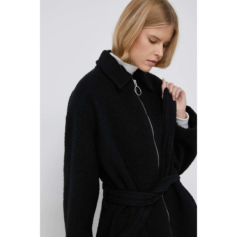 United Colors of Benetton kabát gyapjú keverékből fekete, átmeneti, oversize