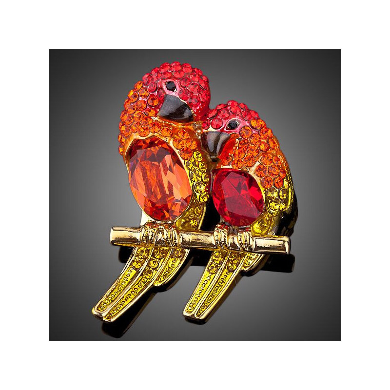 Arannyal bevont exkluzív papagájpár bross piros színű Swarovski kristályokkal (1278.)