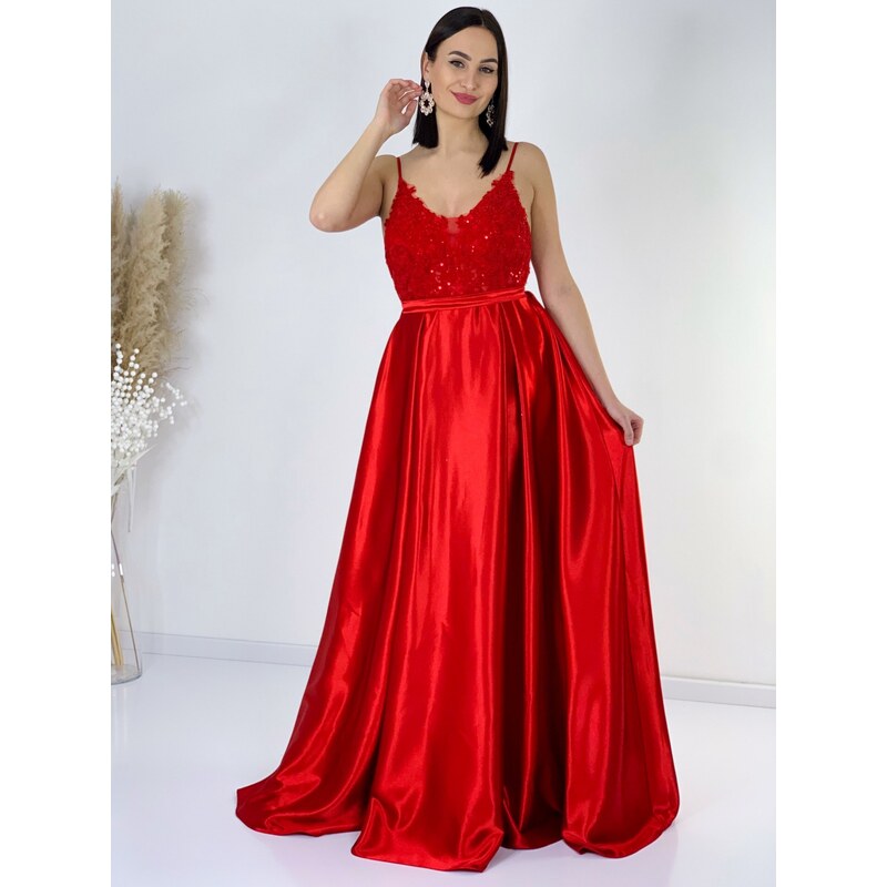Webmoda Hosszú női szatén alkalmi ruha csipkével - piros
