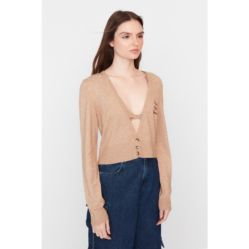 Trendyol X Sagaza Studio világosbarna hímzés részletes kötöttáru Cardigan
