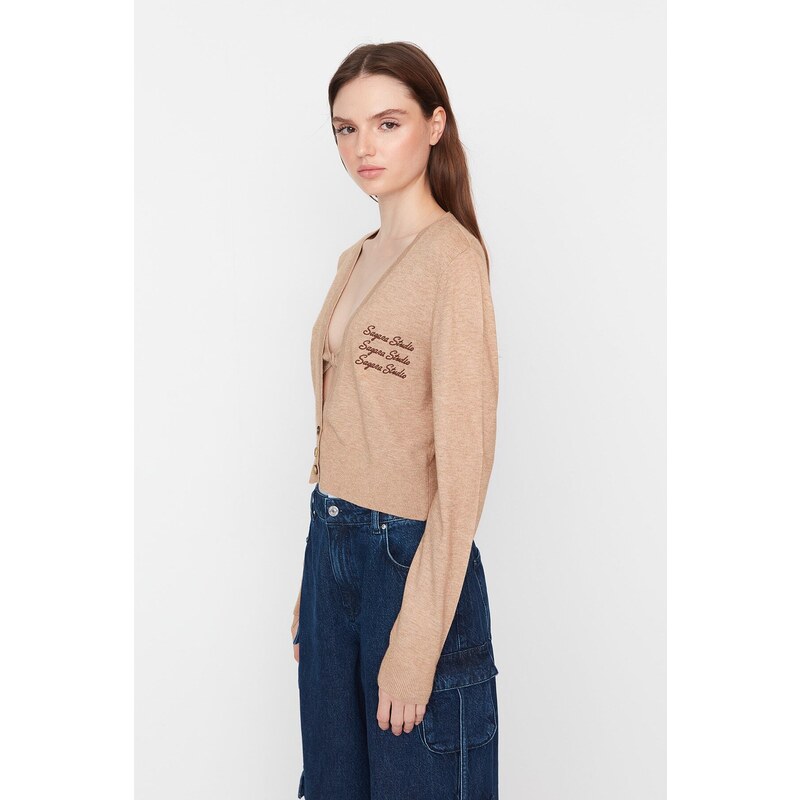Trendyol X Sagaza Studio világosbarna hímzés részletes kötöttáru Cardigan