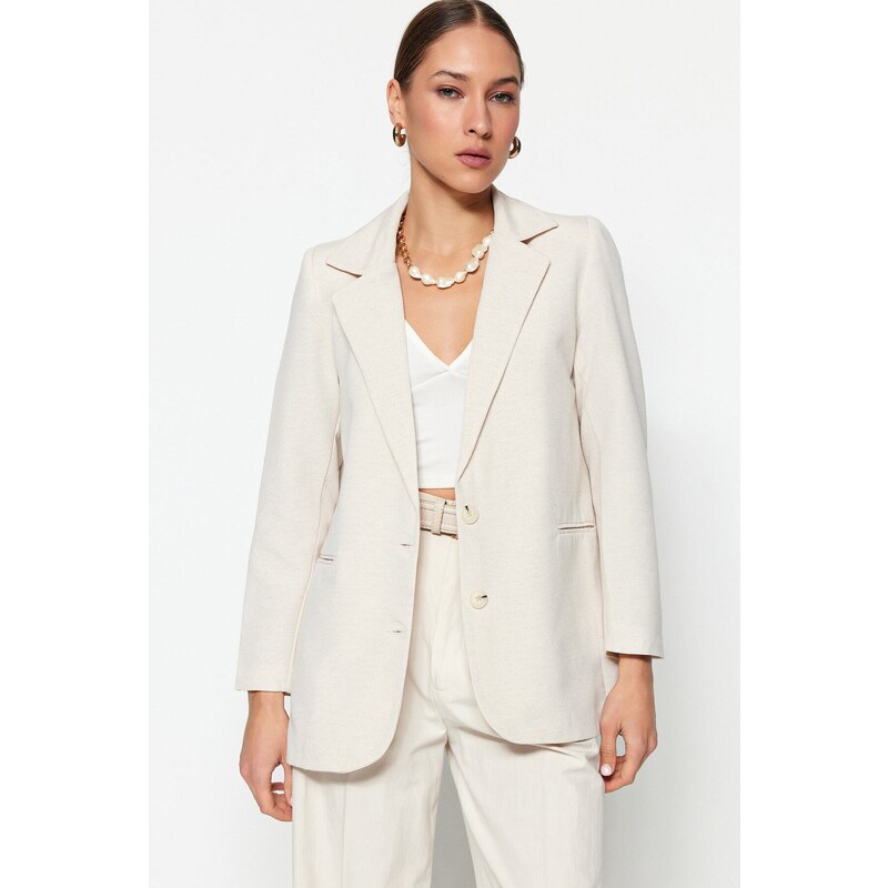 Trendyol Ecru Woven Linen Look Lined Blazer Jacket