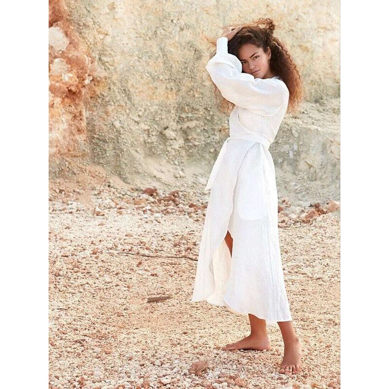 Luciee Linen Wrap Dress In White - Desdemona