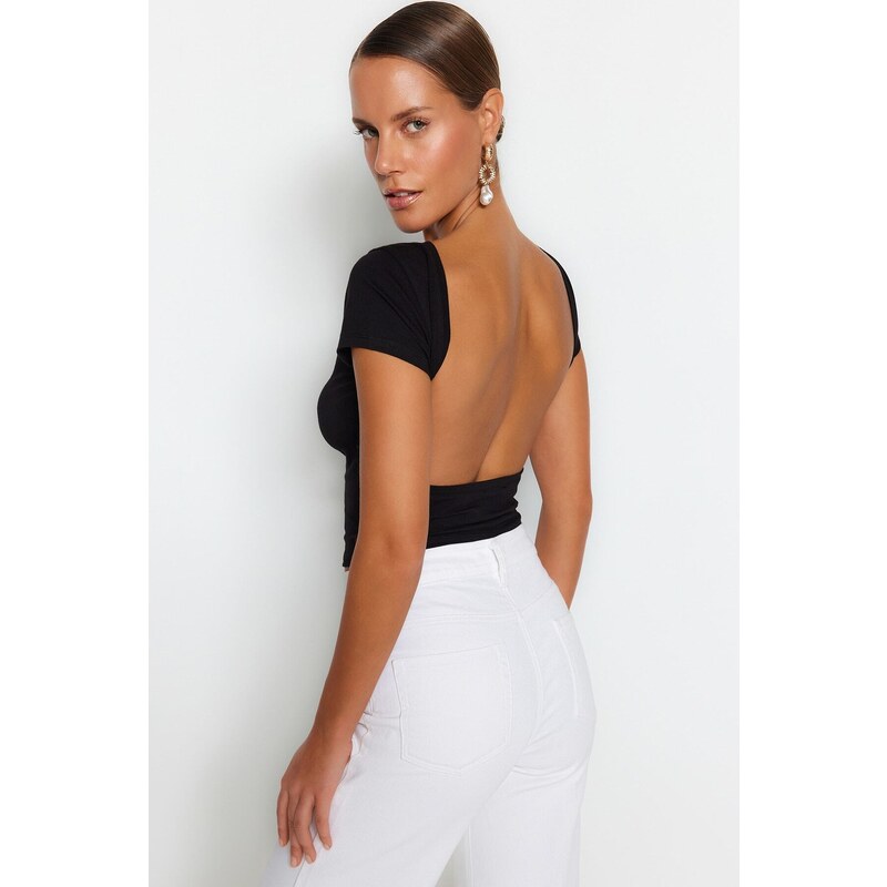 Trendyol Black Backless Crop Cotton Stretchy Knitted Blouse