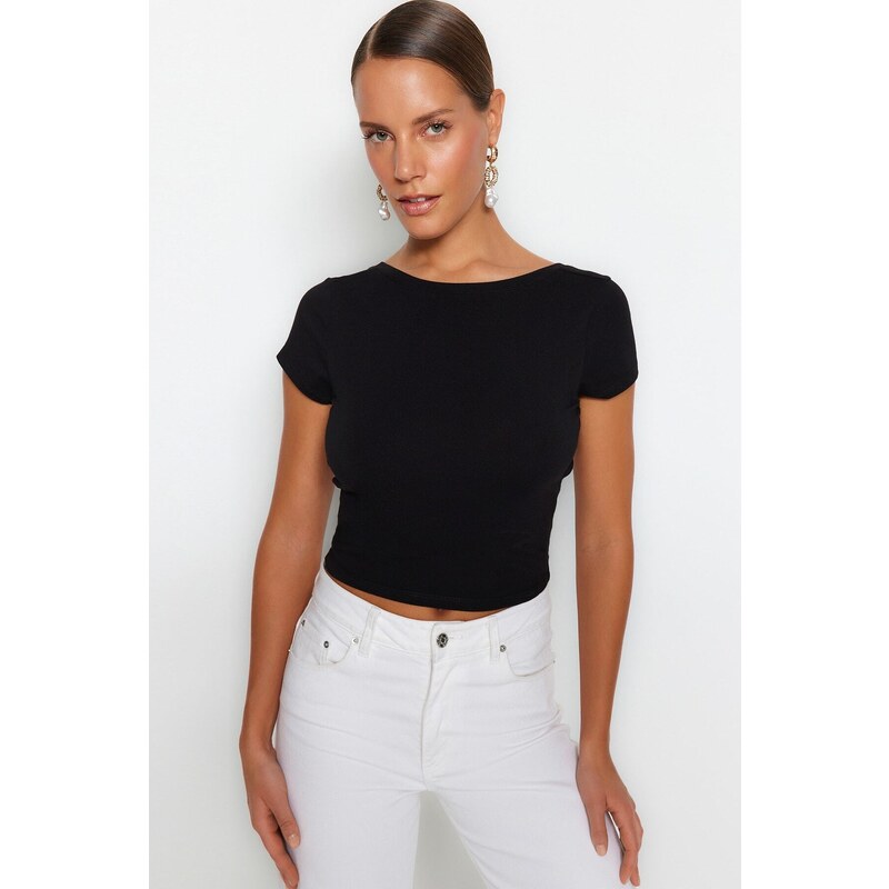 Trendyol Black Backless Crop Cotton Stretchy Knitted Blouse
