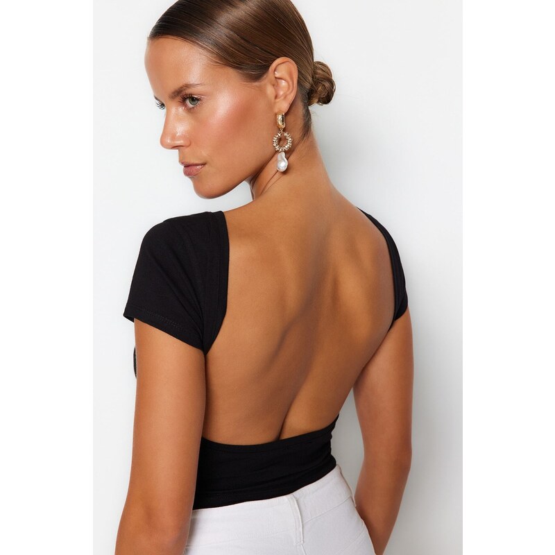 Trendyol Black Backless Crop Cotton Stretchy Knitted Blouse