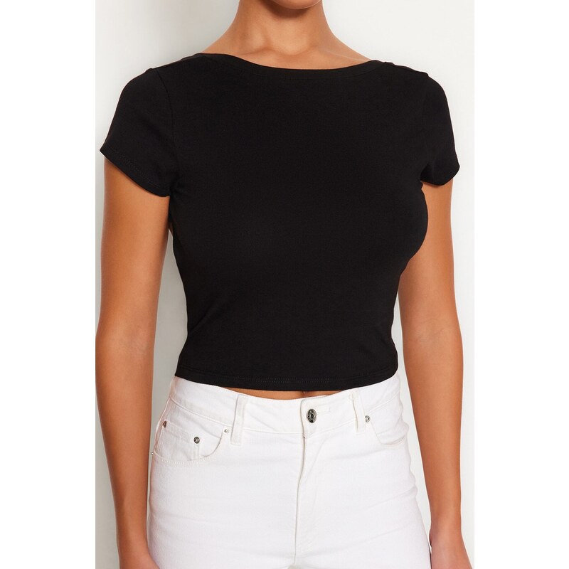 Trendyol Black Backless Crop Cotton Stretchy Knitted Blouse