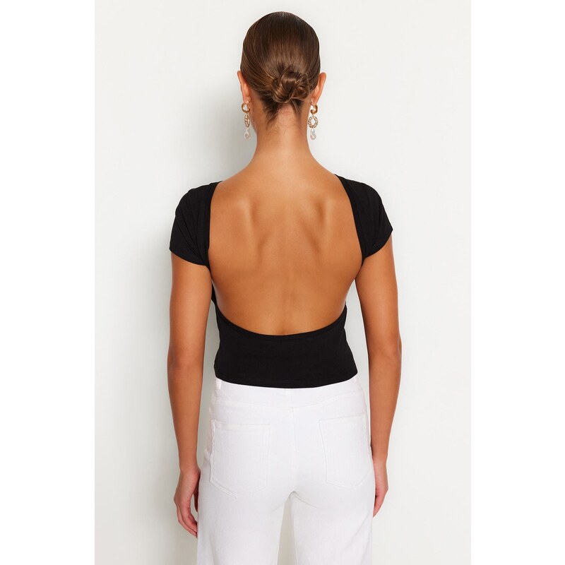 Trendyol Black Backless Crop Cotton Stretchy Knitted Blouse
