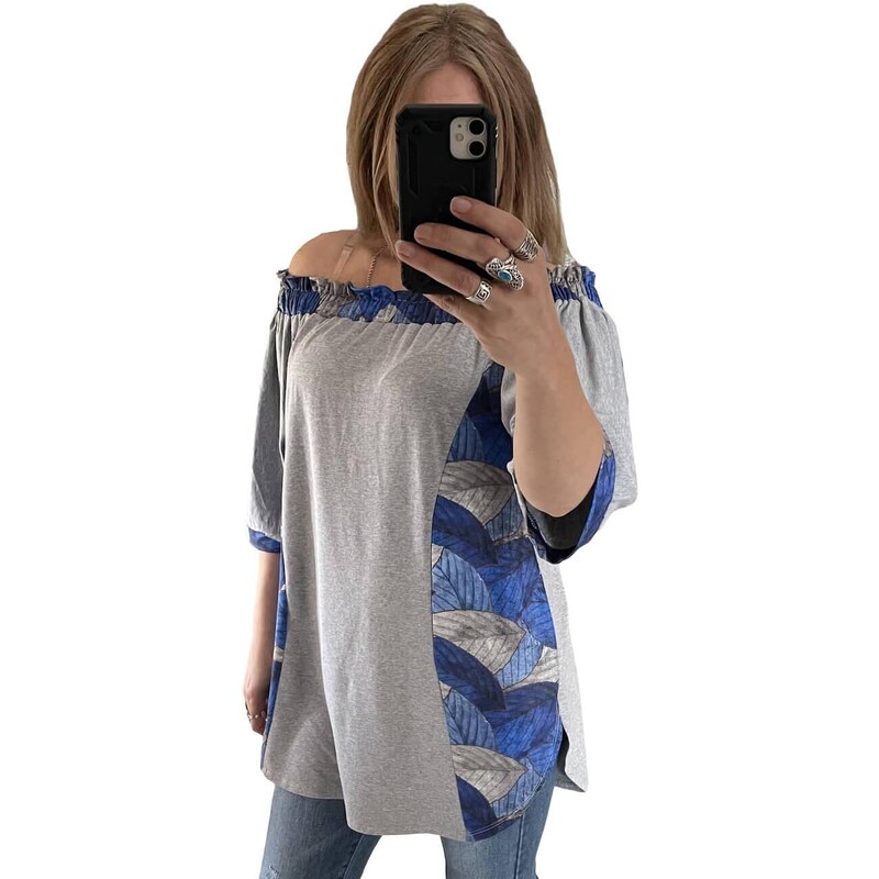 Noxim Fashion Szürke-Kék bő szabású fodros nyakú, váll nélküli tunika