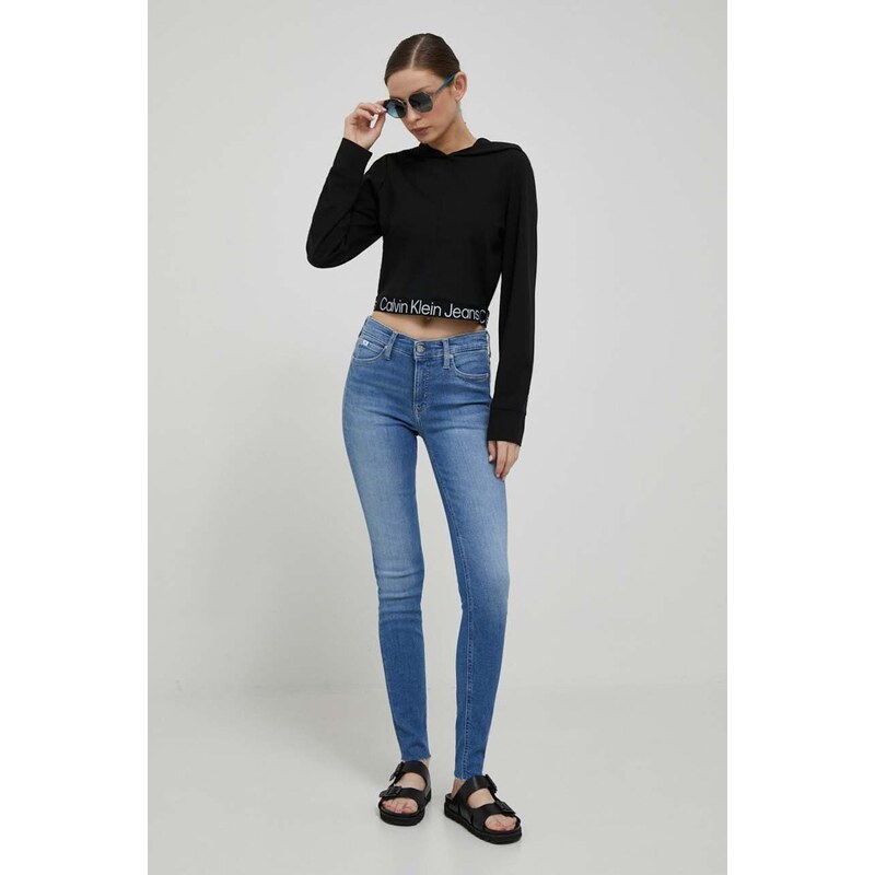 Calvin Klein Jeans felső fekete, női, nyomott mintás, kapucnis