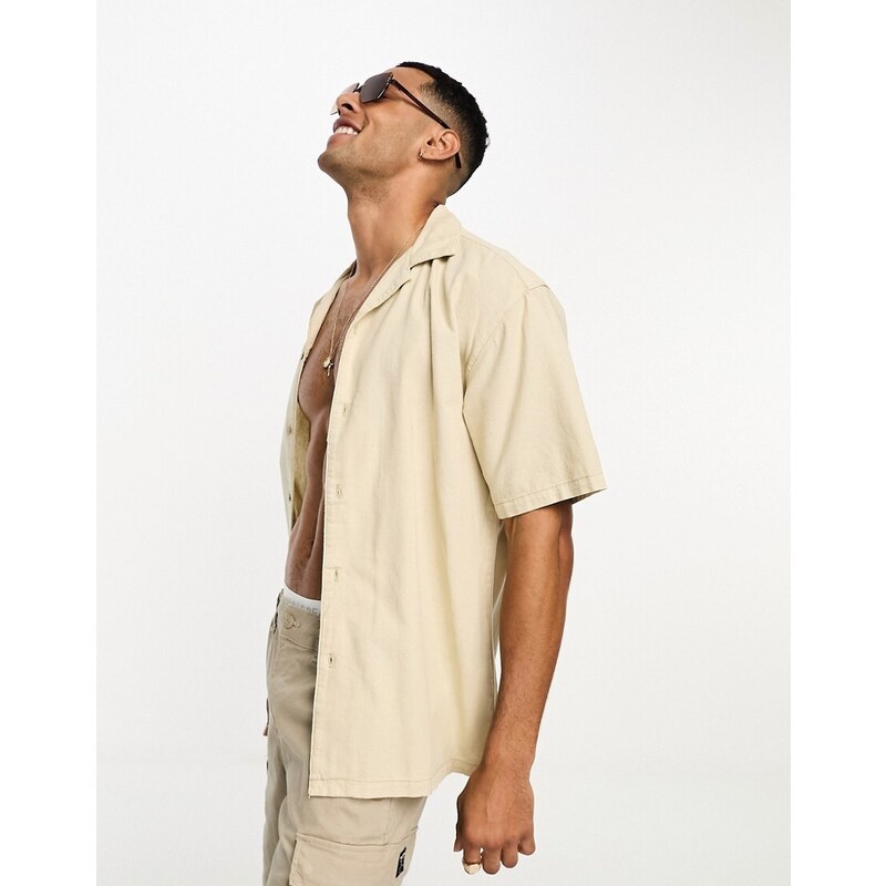 Pull&Bear linen revere collar shirt in sand-Neutral