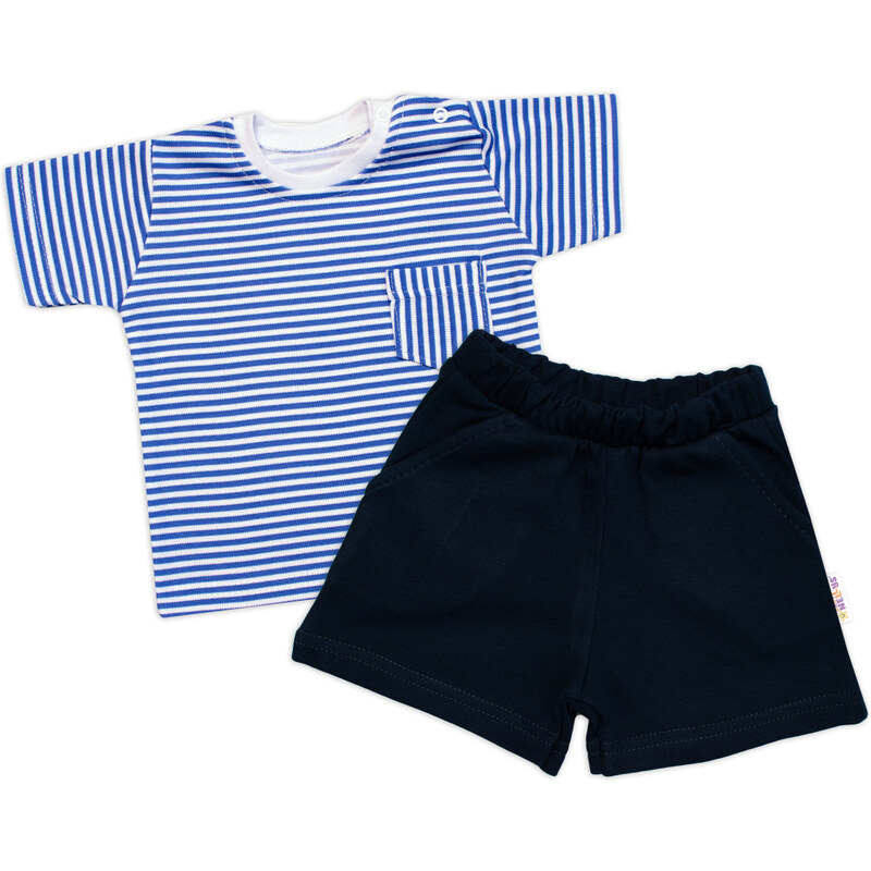 Baby Nellys 2 részes szett póló zsebbel + rövidnadrág, pamut, kék/sötétkék