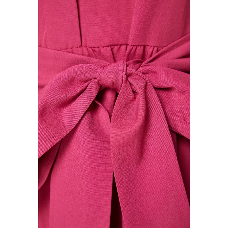 Trendyol sötét rózsaszín öves nagygalléros gomb részletesen szőtt ruha