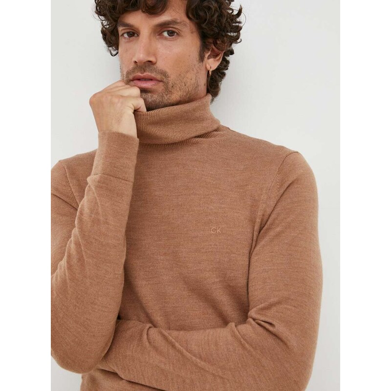 Calvin Klein gyapjú pulóver könnyű, férfi, barna, garbónyakú