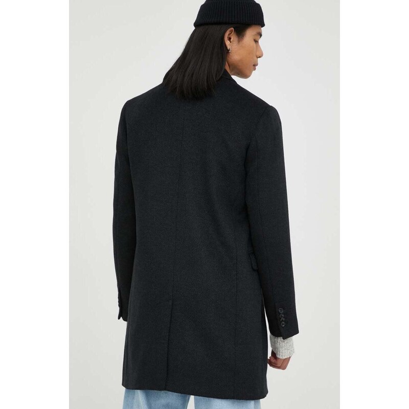 Bruuns Bazaar kabát gyapjú keverékből fekete, átmeneti, kétsoros gombolású