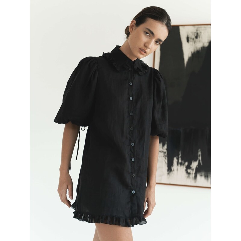 Luciee Ruffle Shirt Dress - Black Short Puff Sleeve