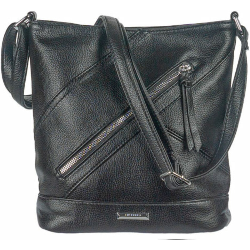 Hosszú pántos ferde cipzáros zsebes fekete női műbőr táska Silviarosa