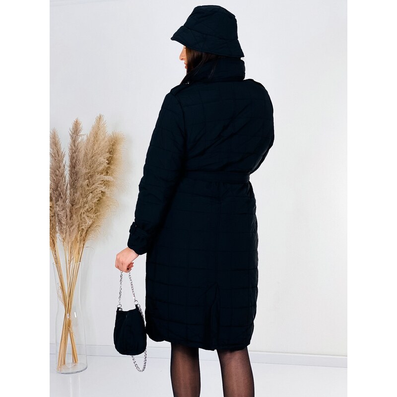 Webmoda 3 az 1-ben Női fekete átvarrt télikabát övvel + kalappal + retiküllel