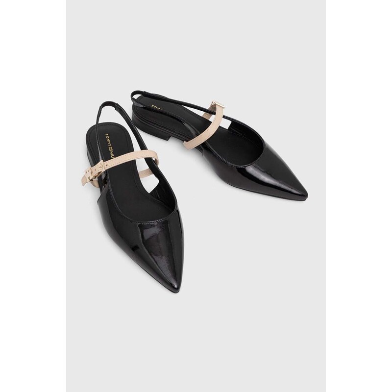 Tommy Hilfiger bőr balerina cipő PATENT SLING BACK BALLERINA fekete, nyitott sarokkal, FW0FW07839