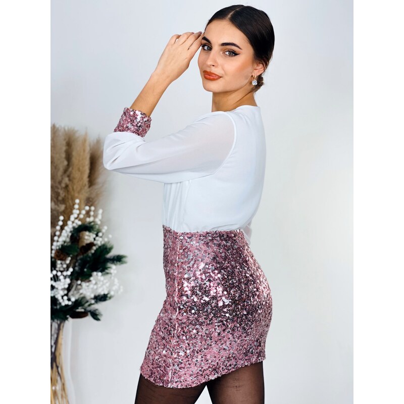 Webmoda Női kombinált alkalmi ruha flitteres szoknyával - rózsaszínű
