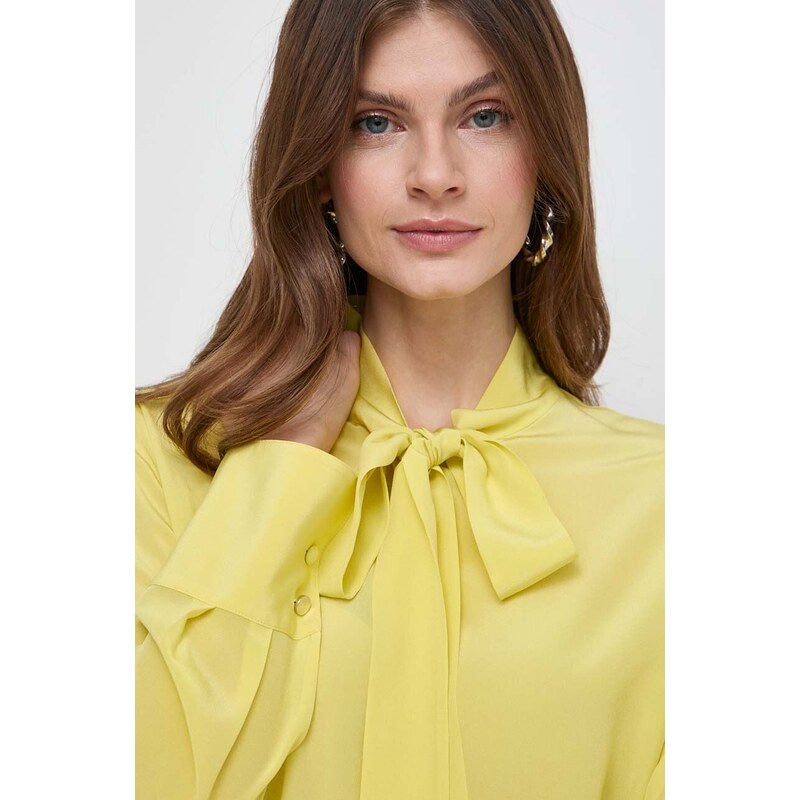 BOSS selyem ing fűzős nyakkivágású, sárga, regular