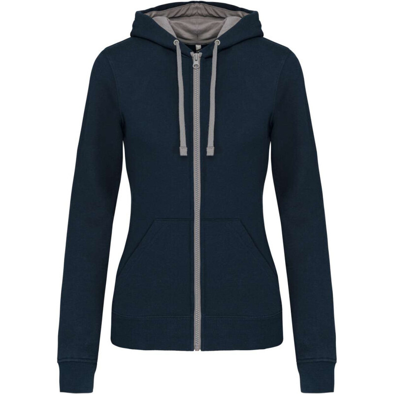 Női cipzáras pulóver kontrasztos bélésű kapucnival, Kariban KA467, Navy/Fine Grey-2XL