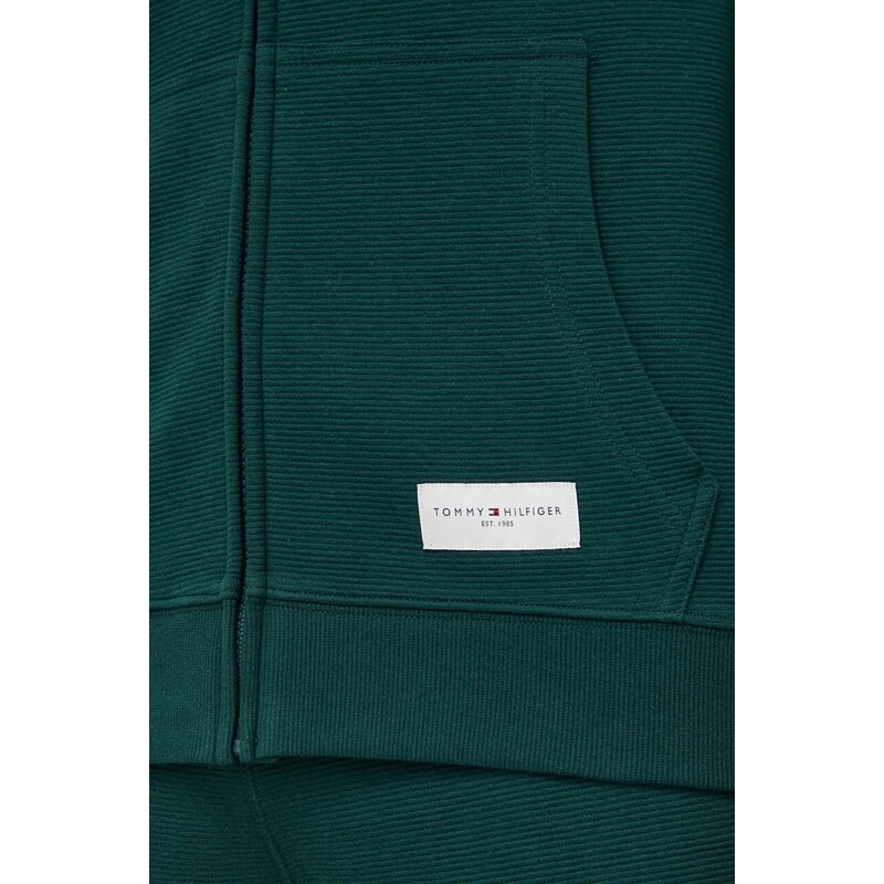 Tommy Hilfiger pamut pulóver otthoni viseletre zöld, nyomott mintás, kapucnis