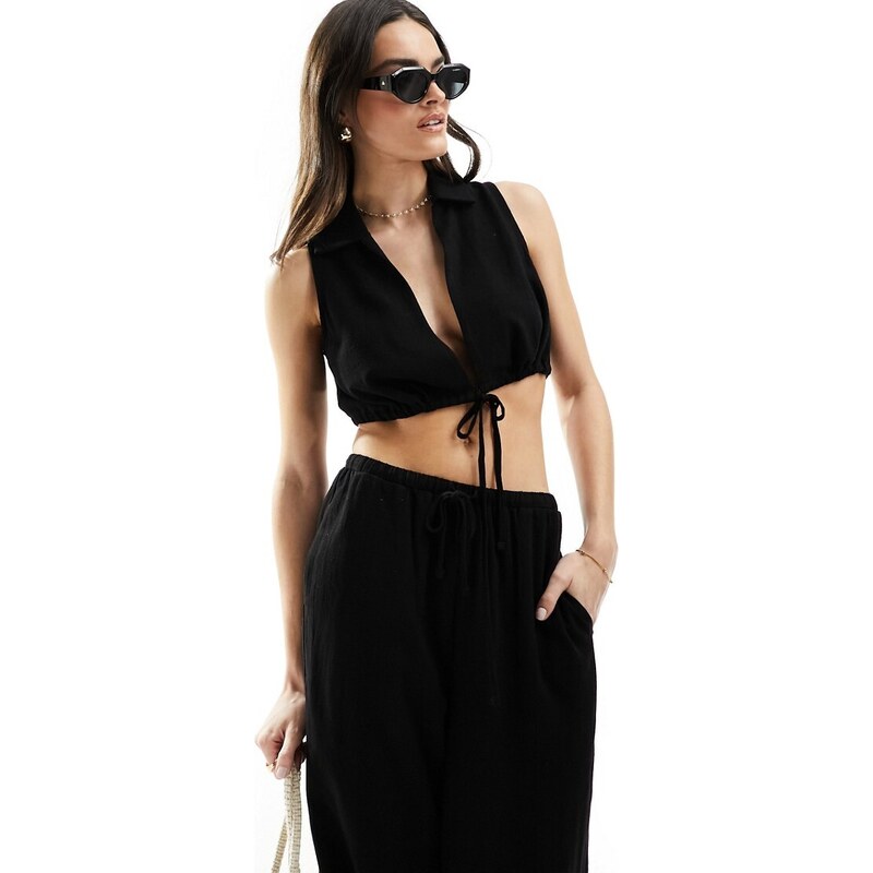4th & Reckless cropped tie front linen beach top co-ord in black
