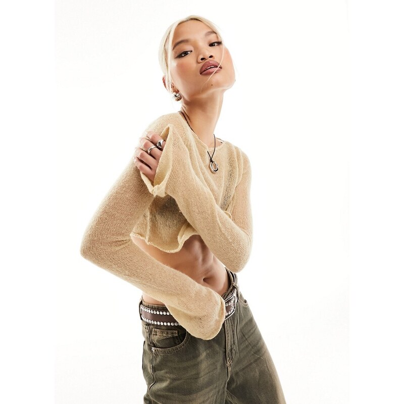 Something New X Chloe Frater open cropped knit top in beige-Neutral